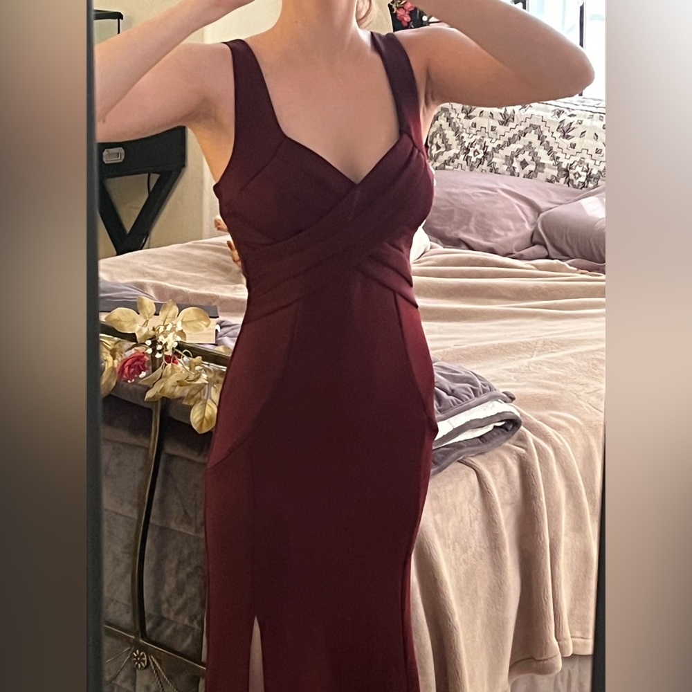 Burgundy “Emerald Sundae” thigh slit prom dress - Picture 5 of 16